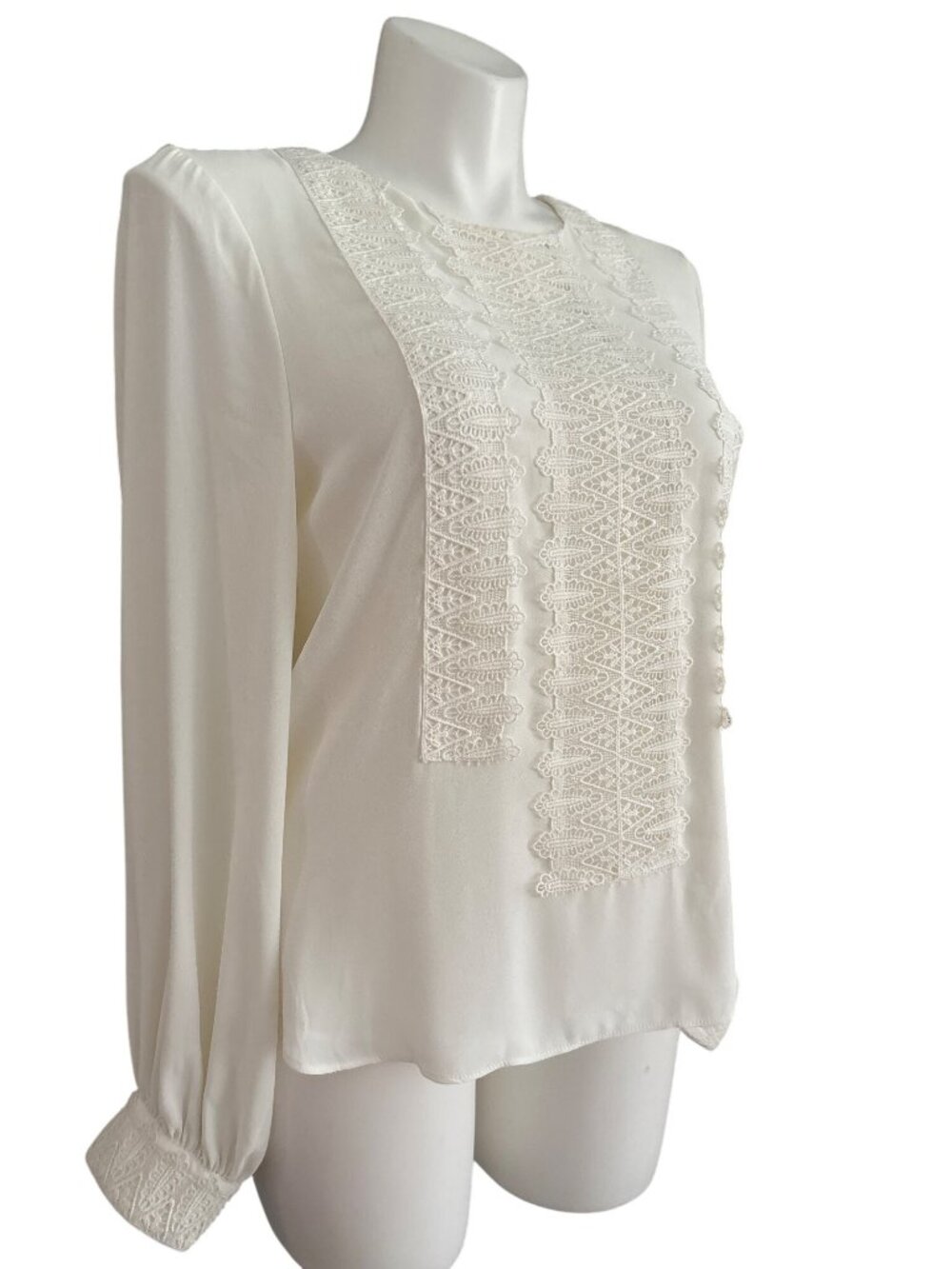 White House Black Market NWT $99 Women's Ecru Lace Trim Blouse Jewel Neck Size L - Picture 5 of 12